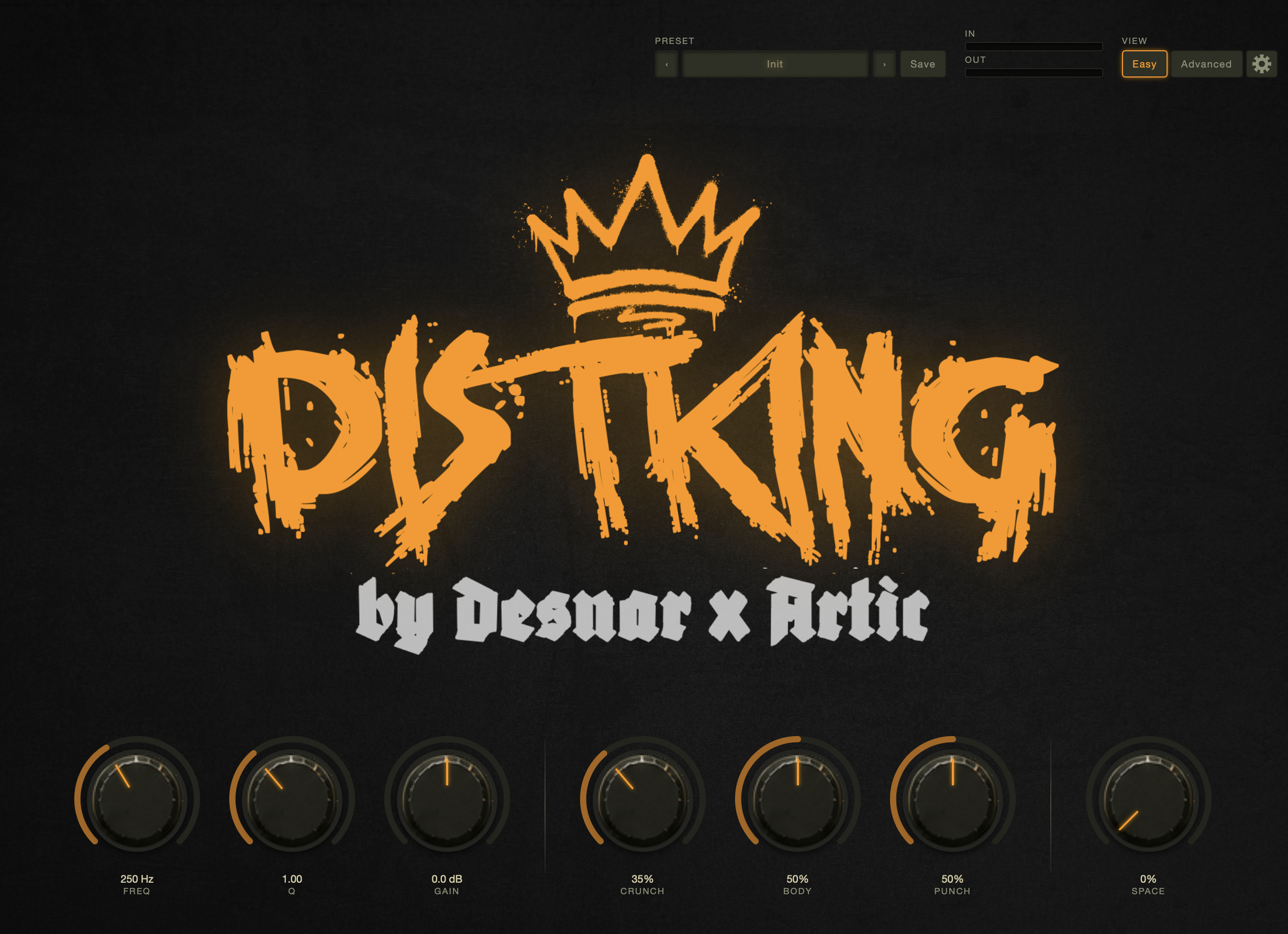 Distking Easy Mode — seven knobs: Freq, Q, Gain, Crunch, Body, Punch and Space