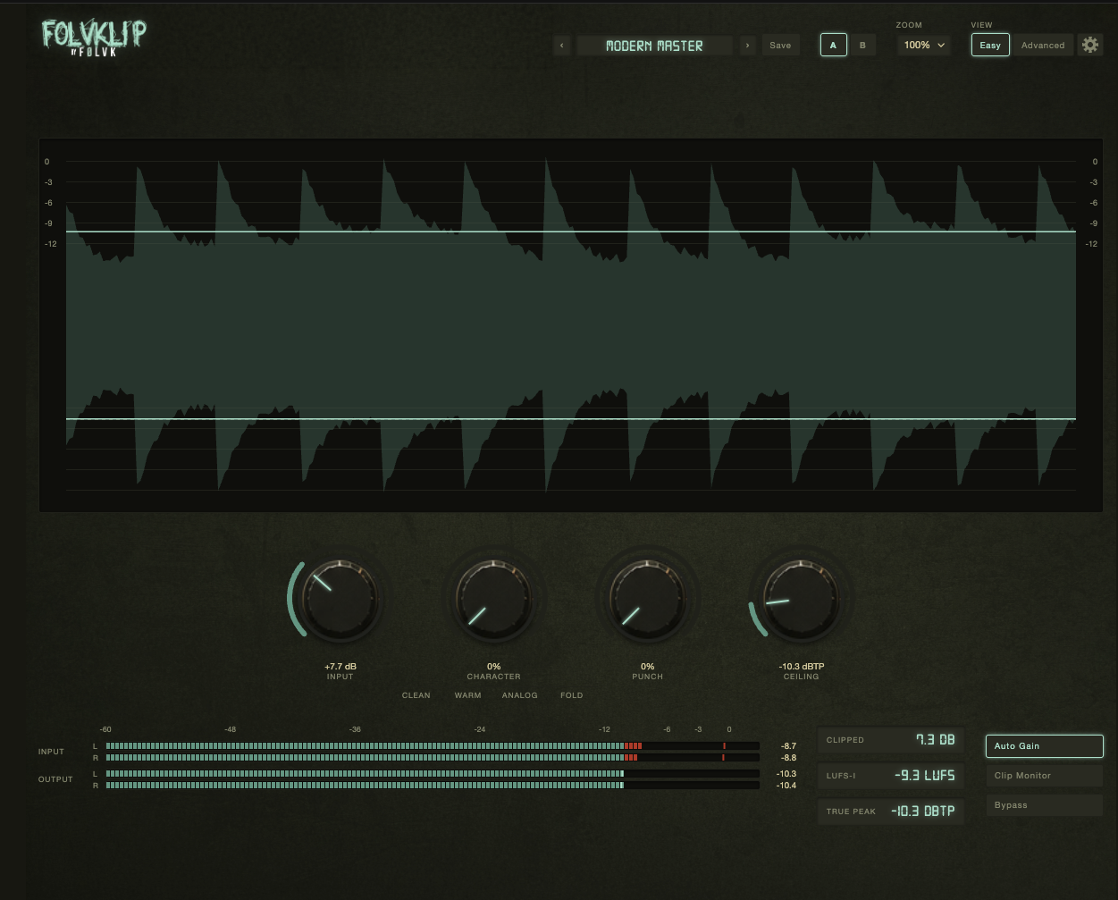 FOLVKlip Easy Mode four controls: Drive, Character Morph, Punch Memory and Output