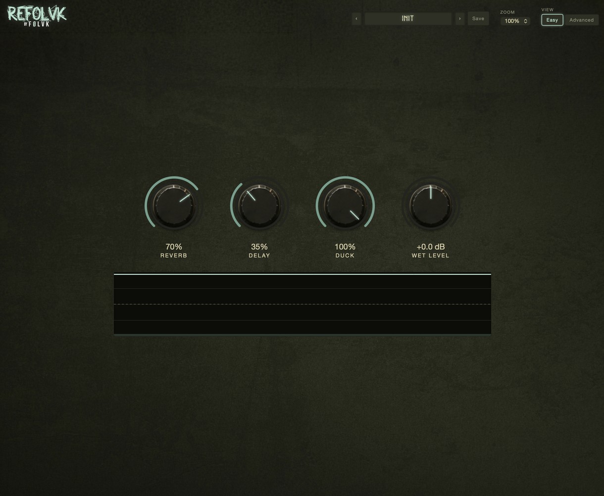 ReFolvk in Easy view: four knobs for reverb, delay, duck and wet level.